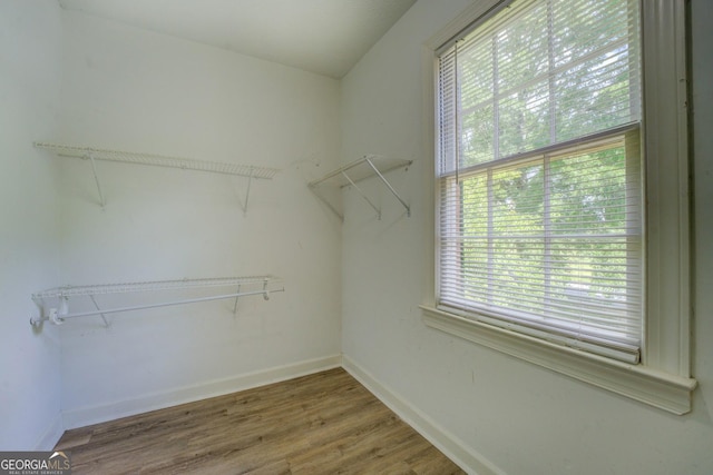 walk in closet with wood finished floors