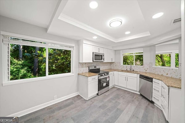 kitchen featuring stainless steel appliances, a raised ceiling, a sink, decorative backsplash, and white cabinetry