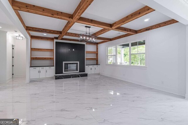 140 Maranatha Trl, Lawrenceville, GA 30045 - unfurnished living room featuring light marble finish floors, baseboards, beamed ceiling, a fireplace, and coffered ceiling