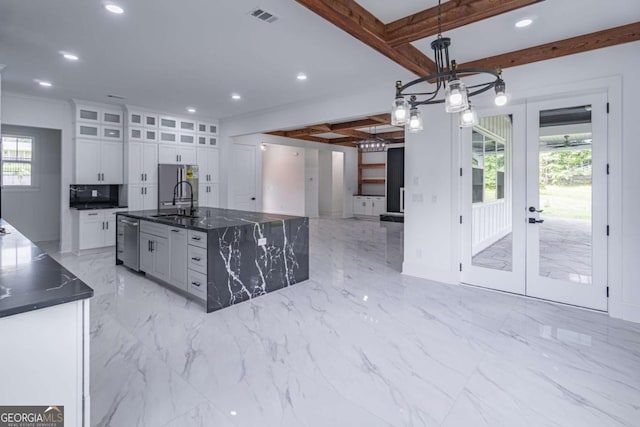 140 Maranatha Trl, Lawrenceville, GA 30045 - kitchen featuring french doors, appliances with stainless steel finishes, recessed lighting, white cabinets, and a sink