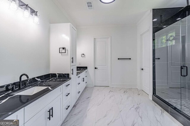 140 Maranatha Trl, Lawrenceville, GA 30045 - bathroom with vanity, crown molding, a stall shower, and marble finish floors