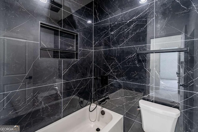 140 Maranatha Trl, Lawrenceville, GA 30045 - bathroom with toilet, tile walls, and shower / bath combination