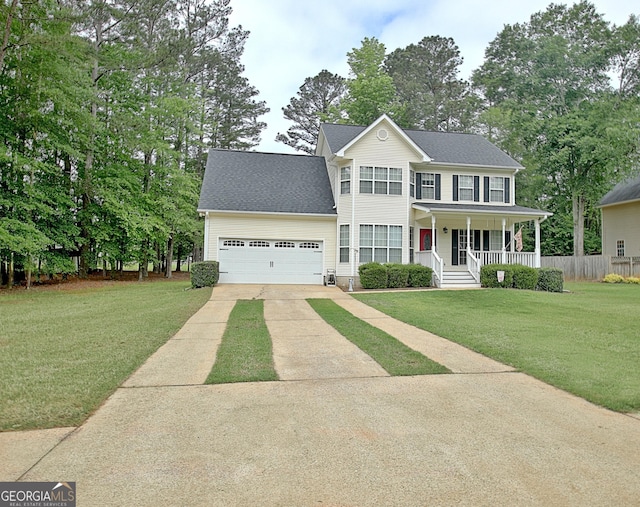 148 Sherrells Ford Dr, Senoia, GA 30276 - colonial inspired home with concrete driveway, a garage, a porch, and a shingled roof