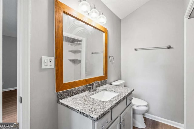 191 Nectar Pl, Dallas, GA 30132 - half bath with wood finished floors, baseboards, toilet, vanity, and lofted ceiling