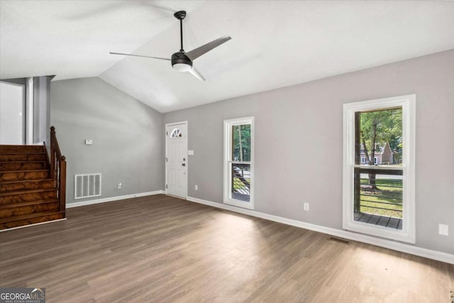 191 Nectar Pl, Dallas, GA 30132 - unfurnished living room featuring plenty of natural light, ceiling fan, wood finished floors, and vaulted ceiling