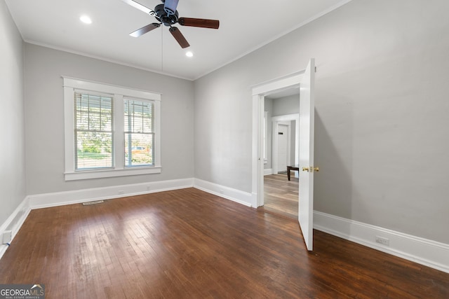 empty room with a ceiling fan, hardwood / wood-style floors, baseboards, ornamental molding, and recessed lighting