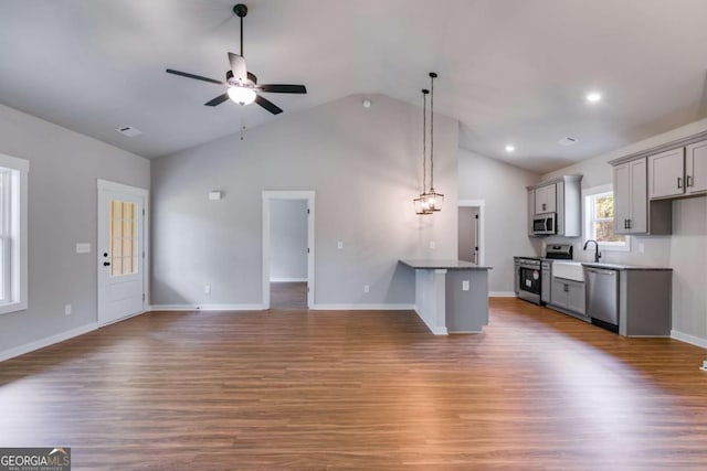 0 Grogan Rd, Buchanan, GA 30113 - unfurnished living room with vaulted ceiling, a ceiling fan, wood finished floors, baseboards, and a sink