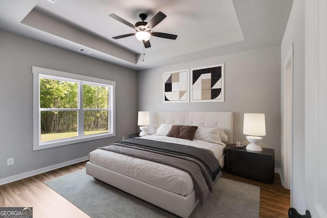 0 Grogan Rd, Buchanan, GA 30113 - bedroom featuring a tray ceiling, baseboards, wood finished floors, and a ceiling fan