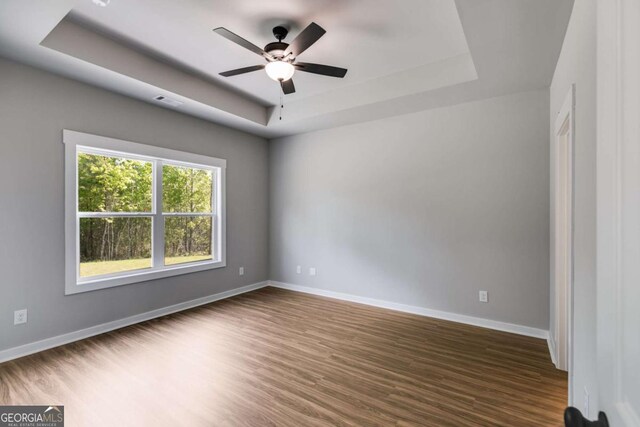 0 Grogan Rd, Buchanan, GA 30113 - spare room with a tray ceiling, dark wood-type flooring, ceiling fan, and baseboards