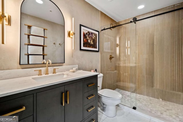 860 Peachtree St NE Unit 1513, Atlanta, GA 30308 - full bathroom with toilet, a stall shower, vanity, marble look tiles, and recessed lighting