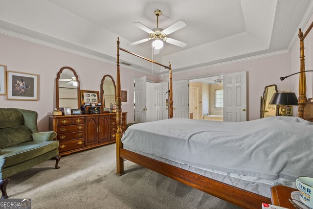 2810 Jodeco Ter, Jonesboro, GA 30236 - bedroom featuring light carpet, ornamental molding, ceiling fan, and a raised ceiling