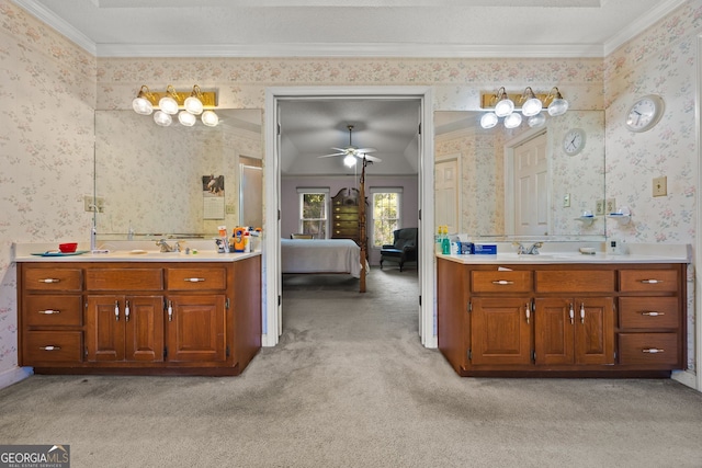 2810 Jodeco Ter, Jonesboro, GA 30236 - bathroom featuring wallpapered walls, ensuite bath, two vanities, ceiling fan, and carpet floors