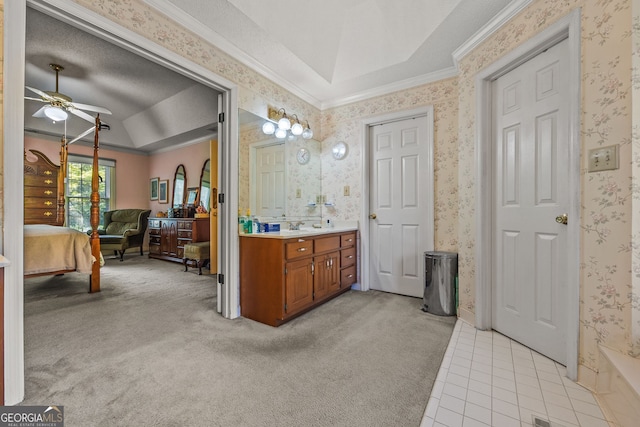 2810 Jodeco Ter, Jonesboro, GA 30236 - ensuite bathroom featuring a raised ceiling, ceiling fan, wallpapered walls, ornamental molding, and vanity