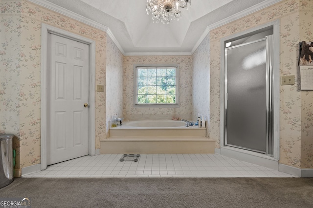2810 Jodeco Ter, Jonesboro, GA 30236 - bathroom featuring wallpapered walls, a shower stall, tile patterned flooring, a bath, and ornamental molding
