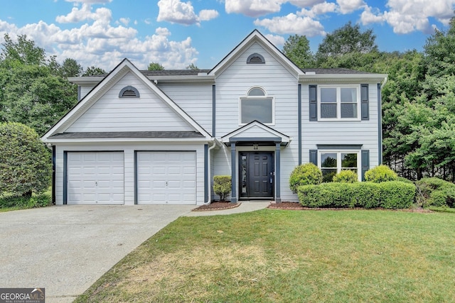3668 Burel Mill Dr, Buford, GA 30519 - traditional-style house featuring driveway, a front lawn, a garage, and roof with shingles