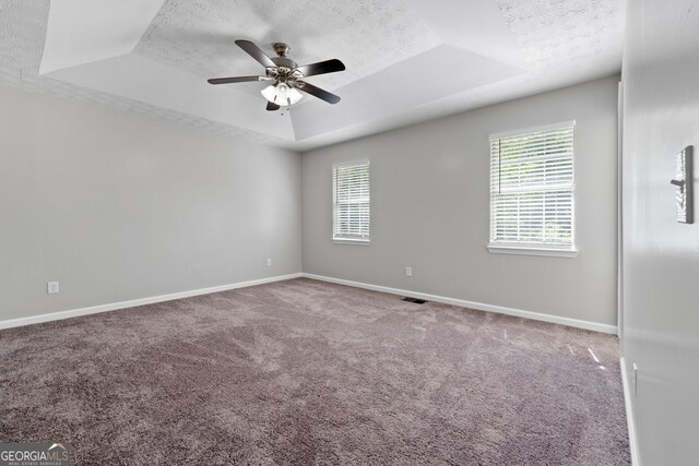 carpeted empty room with a raised ceiling, plenty of natural light, baseboards, and a textured ceiling