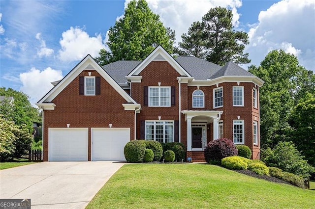5370 Newport Bay, Alpharetta, GA 30005 - colonial home featuring brick siding, a front lawn, driveway, and a garage