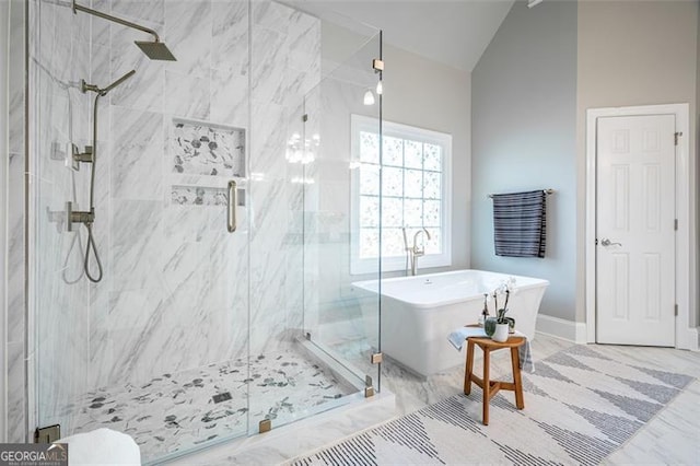 5370 Newport Bay, Alpharetta, GA 30005 - bathroom with lofted ceiling, a marble finish shower, and a soaking tub