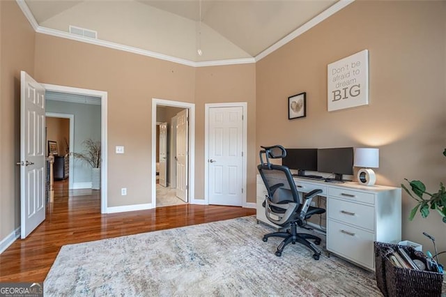 5370 Newport Bay, Alpharetta, GA 30005 - home office featuring wood finished floors, baseboards, ornamental molding, and high vaulted ceiling