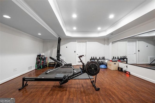 5370 Newport Bay, Alpharetta, GA 30005 - exercise area with ornamental molding, a raised ceiling, wood finished floors, recessed lighting, and baseboards