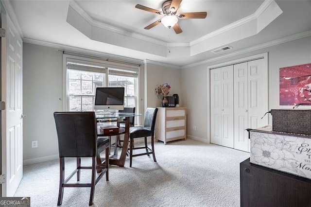 5370 Newport Bay, Alpharetta, GA 30005 - office featuring a tray ceiling, light carpet, ceiling fan, crown molding, and baseboards