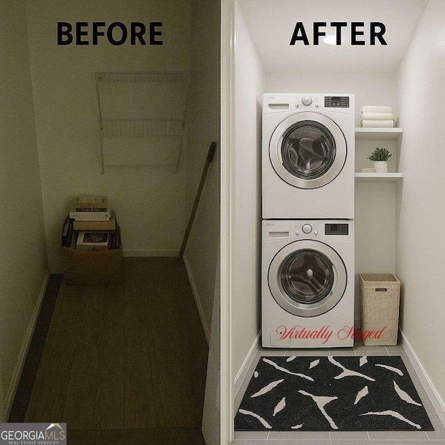 4 Kelso At Peyton Dr SW, Atlanta, GA 30311 - laundry area with stacked washing machine and dryer and baseboards