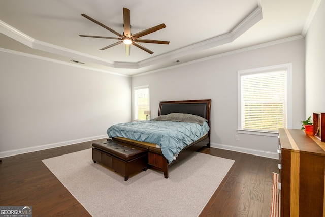 4832 Stone Way Path, Buford, GA 30519 - bedroom with a raised ceiling, crown molding, dark wood finished floors, baseboards, and a ceiling fan