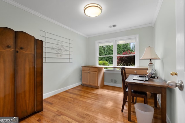 312 Flat Shoals Church Rd, Stockbridge, GA 30281 - home office with ornamental molding, light wood-type flooring, and baseboards