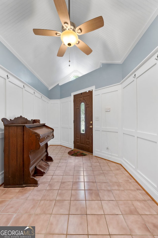 312 Flat Shoals Church Rd, Stockbridge, GA 30281 - entrance foyer with a decorative wall, a ceiling fan, lofted ceiling, and light tile patterned floors