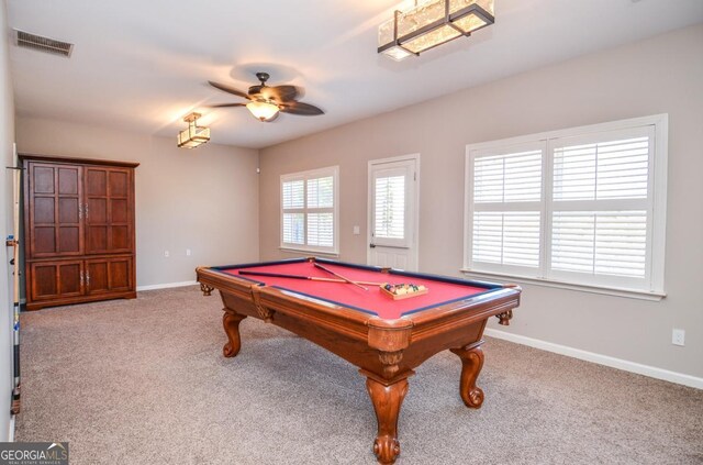 6450 Oak Valley Dr, Cumming, GA 30040 - game room featuring a ceiling fan, carpet flooring, and billiards