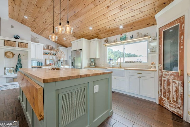 27 Graham Rd, Dallas, GA 30132 - kitchen with wood counters, stainless steel refrigerator with ice dispenser, open shelves, a sink, and wooden ceiling