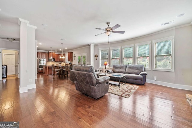 3230 Sundew Dr NW, Acworth, GA 30101 - living room featuring crown molding, ceiling fan, dark wood-style floors, baseboards, and recessed lighting