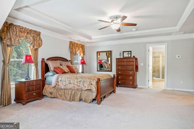 3230 Sundew Dr NW, Acworth, GA 30101 - bedroom with a tray ceiling, ornamental molding, carpet floors, baseboards, and ensuite bathroom