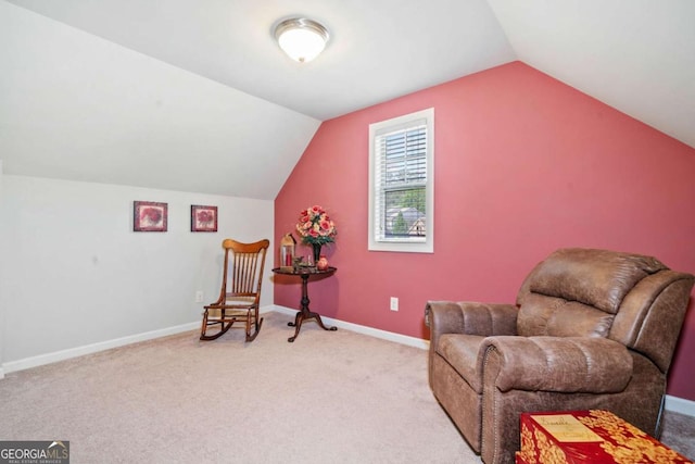 3230 Sundew Dr NW, Acworth, GA 30101 - sitting room featuring light colored carpet, vaulted ceiling, and baseboards