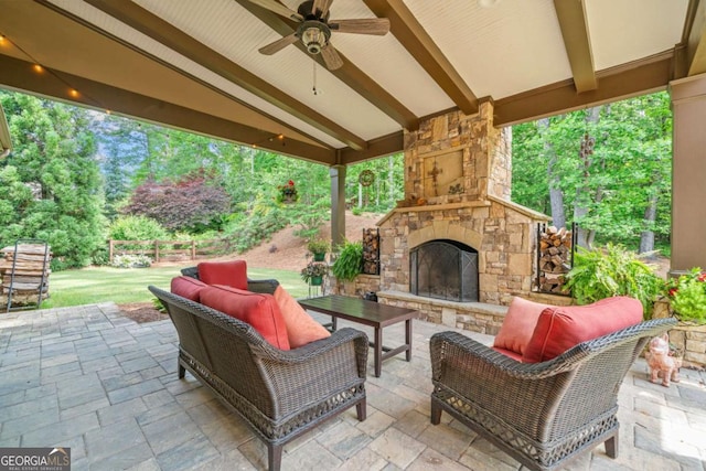 3230 Sundew Dr NW, Acworth, GA 30101 - view of patio / terrace featuring an outdoor living space with a fireplace and a ceiling fan