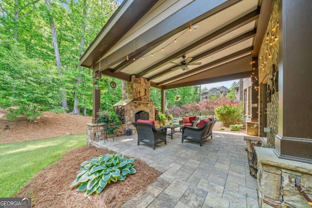 3230 Sundew Dr NW, Acworth, GA 30101 - view of patio / terrace featuring an outdoor living space with a fireplace and ceiling fan