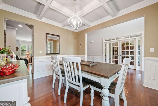 3230 Sundew Dr NW, Acworth, GA 30101 - dining space featuring coffered ceiling, french doors, a chandelier, a wainscoted wall, and beamed ceiling