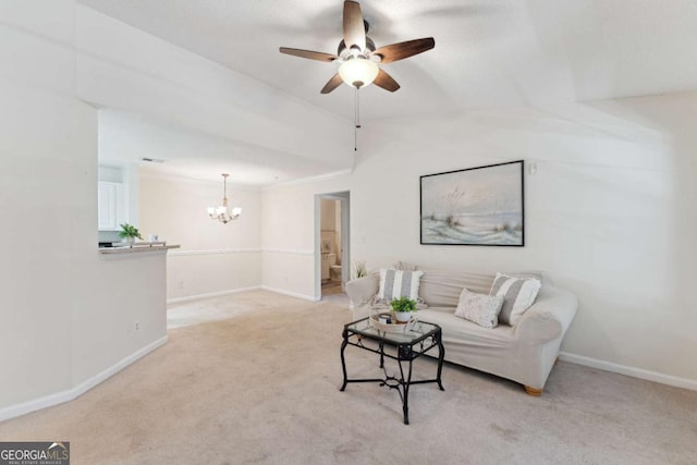 6306 Walden Park Dr, Savannah, GA 31410 - living area with a chandelier, light colored carpet, ceiling fan, baseboards, and vaulted ceiling
