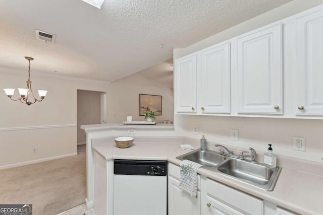 6306 Walden Park Dr, Savannah, GA 31410 - kitchen with white dishwasher, a sink, white cabinets, a chandelier, and a textured ceiling