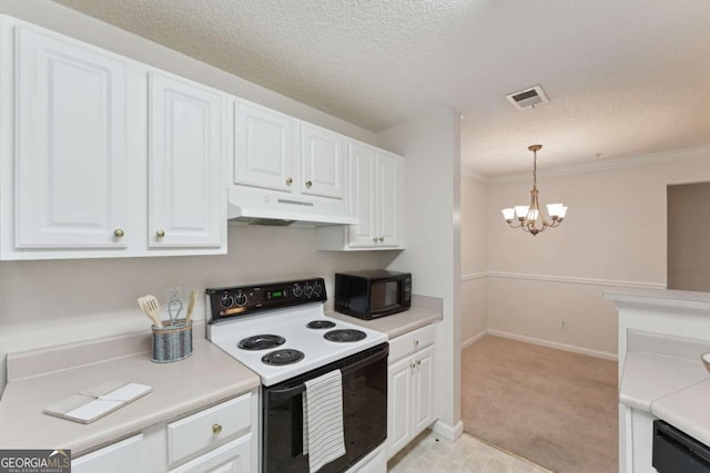6306 Walden Park Dr, Savannah, GA 31410 - kitchen featuring under cabinet range hood, black appliances, light countertops, white cabinetry, and a textured ceiling