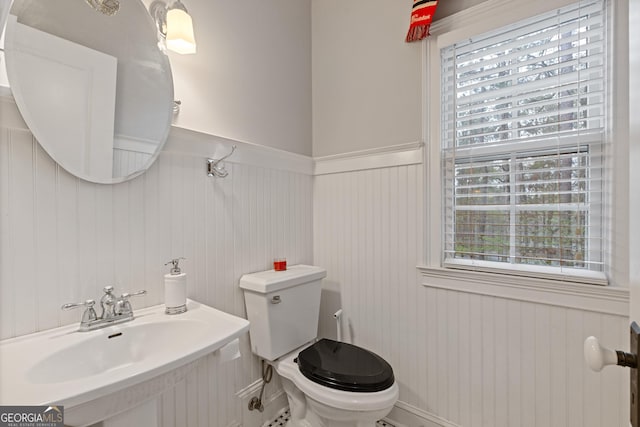 bathroom featuring a sink, wainscoting, plenty of natural light, and toilet