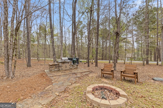 view of yard with a fire pit and an outdoor kitchen