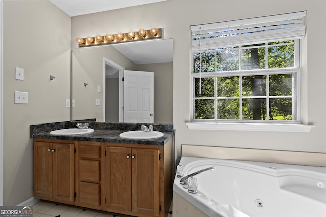 74 Rotunda Ct, Dallas, GA 30157 - full bathroom with double vanity, plenty of natural light, a jetted tub, and tile patterned flooring