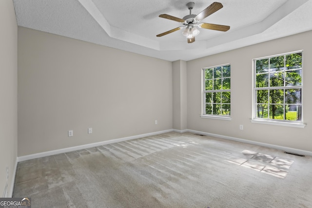 74 Rotunda Ct, Dallas, GA 30157 - carpeted empty room with a tray ceiling, a ceiling fan, baseboards, and a textured ceiling
