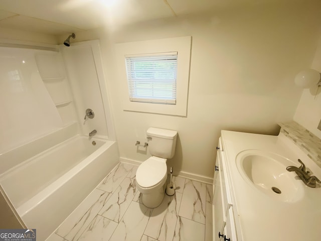 66 Kristys Path Dr, Eastanollee, GA 30538 - full bath featuring marble look tiles, baseboards, toilet, vanity, and tub / shower combination