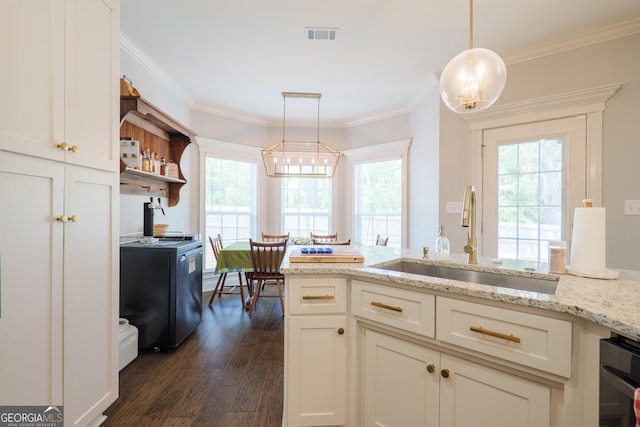 4043 Gramercy Dr, Valdosta, GA 31605 - kitchen with a sink, dark wood finished floors, light stone countertops, crown molding, and pendant lighting