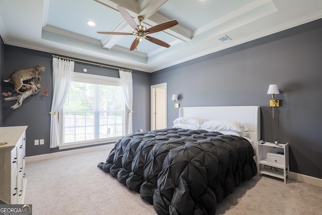 4043 Gramercy Dr, Valdosta, GA 31605 - bedroom featuring light colored carpet, ornamental molding, coffered ceiling, beamed ceiling, and baseboards