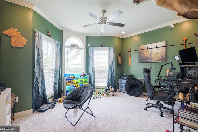 4043 Gramercy Dr, Valdosta, GA 31605 - carpeted office with a ceiling fan, crown molding, and baseboards