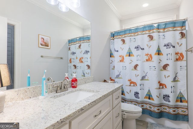 4043 Gramercy Dr, Valdosta, GA 31605 - full bath with ornamental molding, toilet, vanity, recessed lighting, and a shower with shower curtain