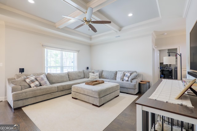 4043 Gramercy Dr, Valdosta, GA 31605 - living area with beamed ceiling, ceiling fan, coffered ceiling, dark wood-type flooring, and recessed lighting